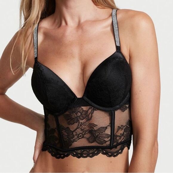 Victoria’s Secret Very Sexy Shine Bombshell Push Up Black Lace Corset Bra 34C - Picture 1 of 10